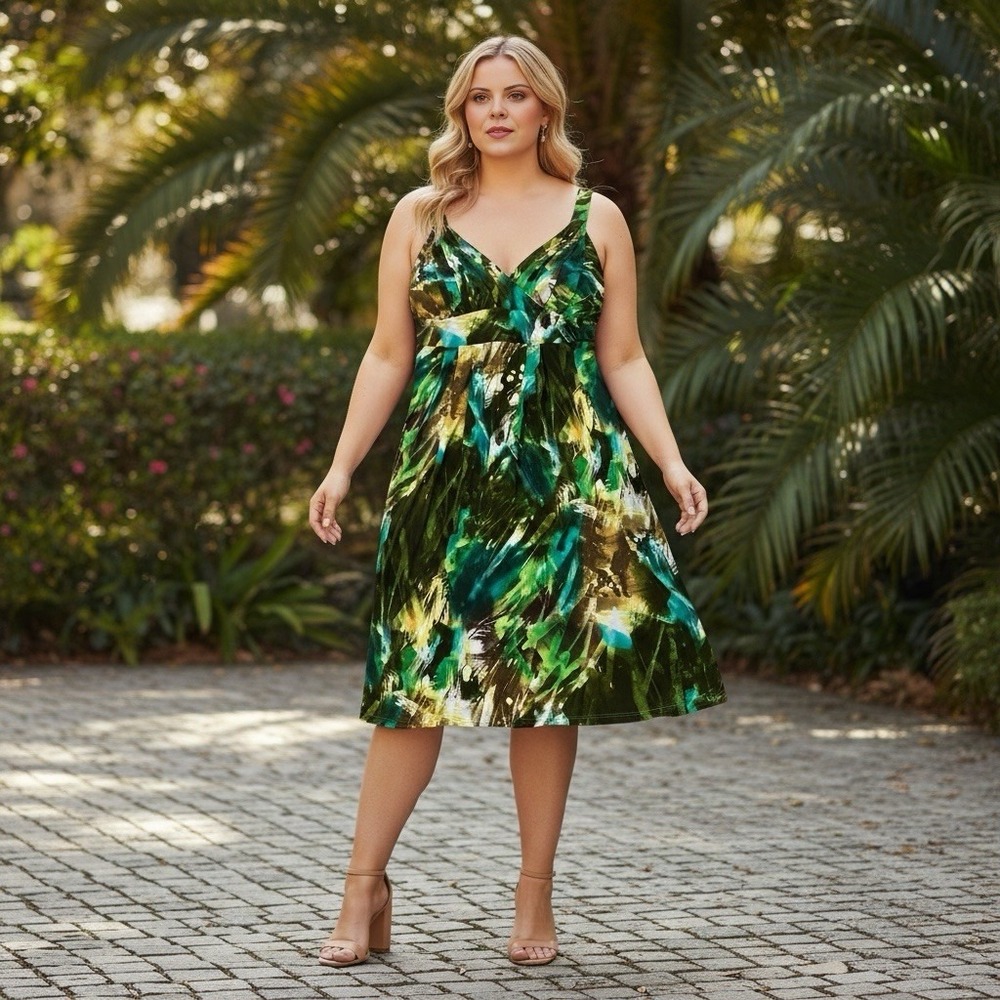 Bisou Bisou Green Multi-Color V-Neck A-Line Dress